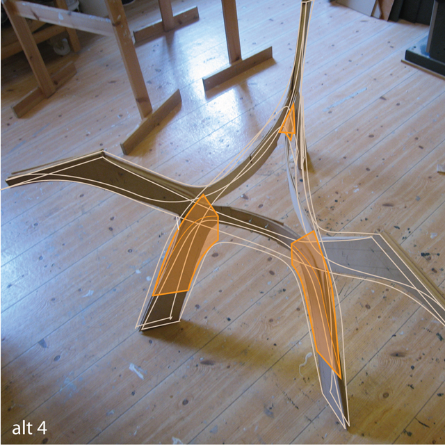 PT_100609_lösningar alternate solution 4: widening the connection by inserting wedges that makes the point of intersection between top and bottom part of leg and horizontal triangle "wider", thereby adding structure that limits horizontal rotation and torque.